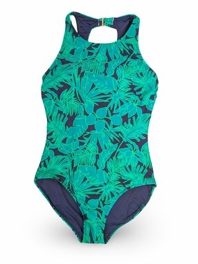 NWOT Lands' End Womens One-Piece Swimsuit Tropical Green Navy Pattern Size L
